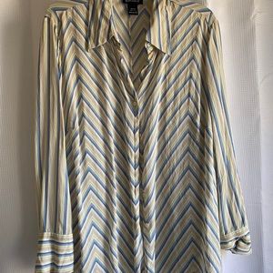 Tan and blue striped shirt.